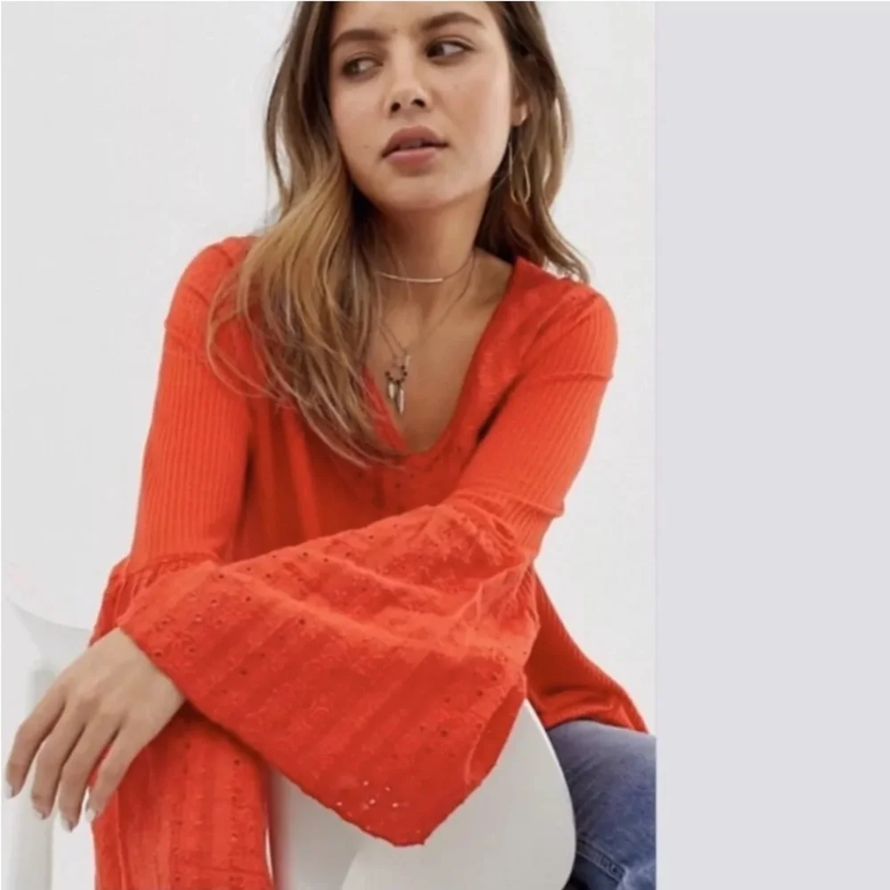 Free People Red Eyelet Lace Wide Bell Sleeve Waffle Knit Thermal Top - Picture 3 of 12